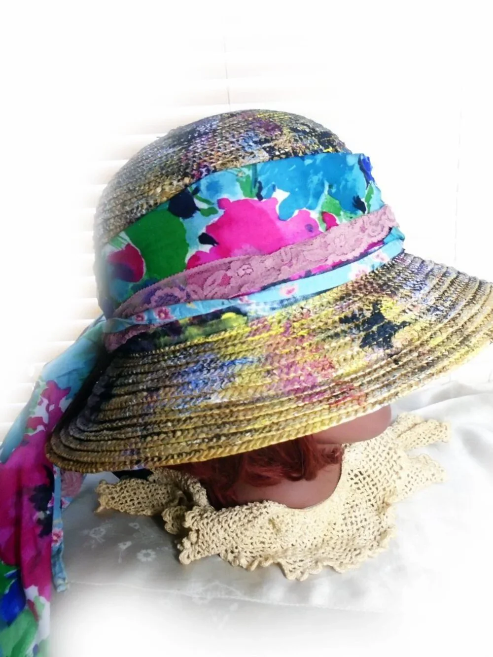 Unique Straw Hat is Upcycled OOAK, Hobo Chic Bohemian Poverty Core + HAT BOX - Picture 3 of 9